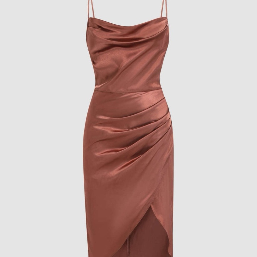 Cider Asymmetrical Satin Dress in Copper